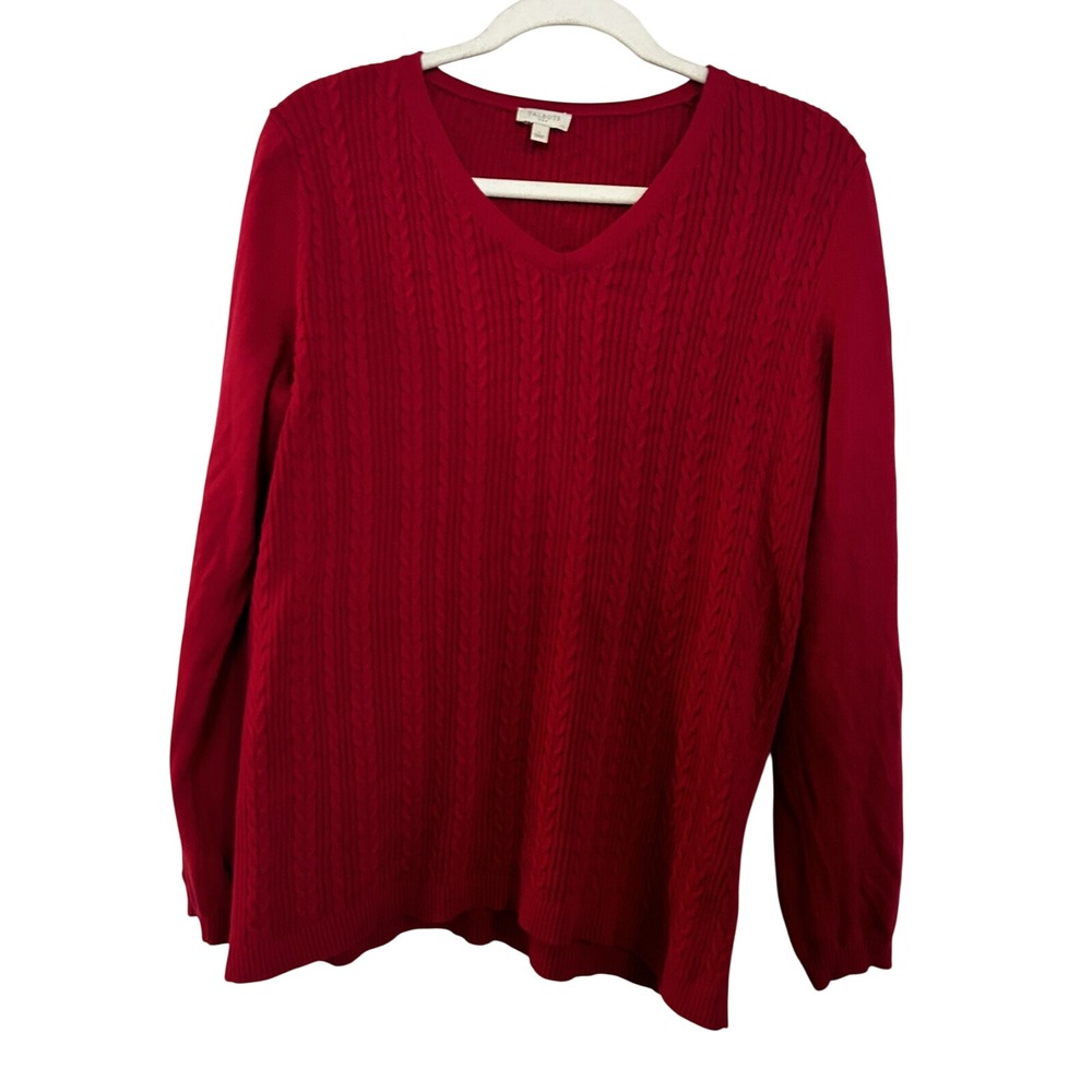Talbots Sweater Womens Large L Fuchsia Pink Cable Knit V-Neck Pullover Cotton